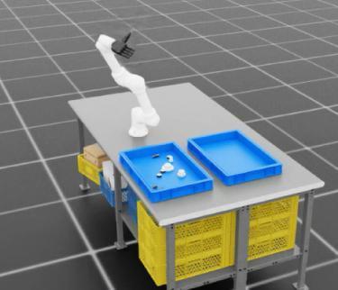 RB5 arm moving above the source tray during collision-aware planning