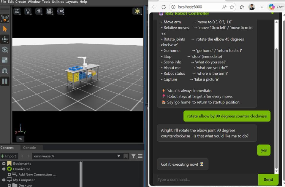 Local Llama 3 chatbot issuing a natural-language pick-and-place command to the Isaac Lab simulation